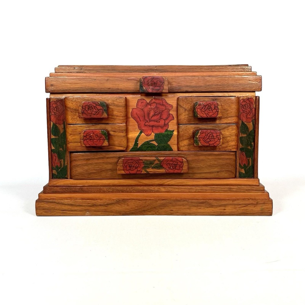 Vintage Hand Carved Wood Jewelry Box Red Rose Apothecary Multi Drawer